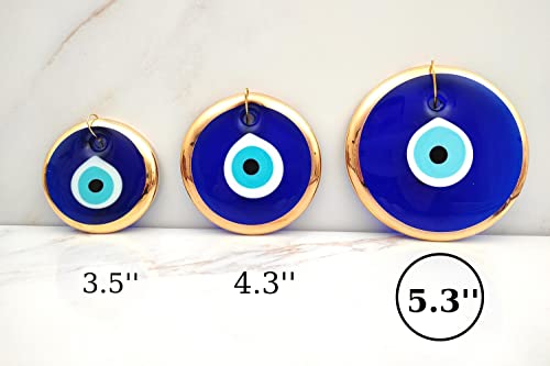 Image of Handmade Blue Glass Turkish Gold Evil Eye Hanging for Home Entrance, Nazar Battu Protection Amulet for Good Luck & Prosperity - Main Door & Wall Decor (14cm)