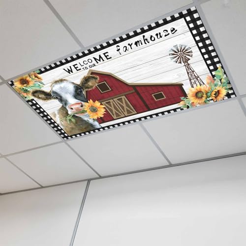 Eeijunphn 2x4 ft Fluorescent Light Cover for Ceiling Farm Sunflower Cow Magnetic Light Filters, Retro Wooden Barn Lattice Edge Ceiling Lampshades for Home School Office 1Pcs