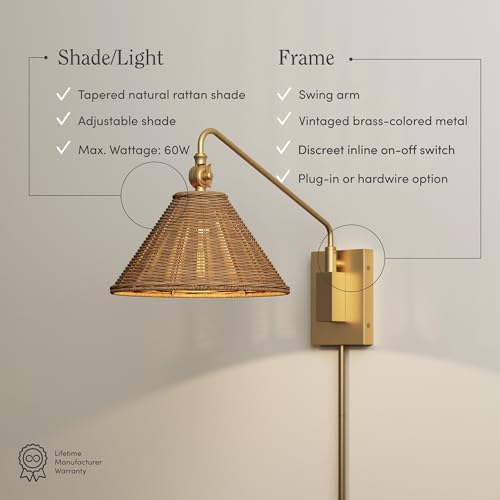 Image of Nathan James Celeste Rattan Wall Light, Modern Farmhouse Wall Mounted Plug in Light, Wall Mount Reading Lamp for Bedside with Rattan Shade