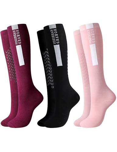 Harrison Howard Equestrian Knee-High Socks 3-Pairs Moisture-Wicking Silicone Anti-Slip Compatible with Long Boots/Short Boots Pink/Plum/Black