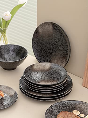 Kanwone Ceramic Dinner Plates - Set Of 6, 10 Inch, Round Plates For Steak, Pasta, Salad, Pizza, Appetizer, Microwave, Oven And Dishwasher Safe, Black Glazed #TOP5