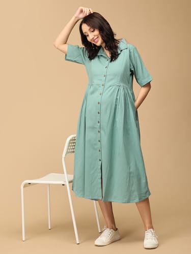 Image of The Mom Store Maternity & Nursing Midi Dress for Women | Pregnancy & Postpartum Wear | Cotton Flex Dress for New Mom | Trendy Stylish Comfortable Feeding Dress for Womens | Causal Office Formal Wear