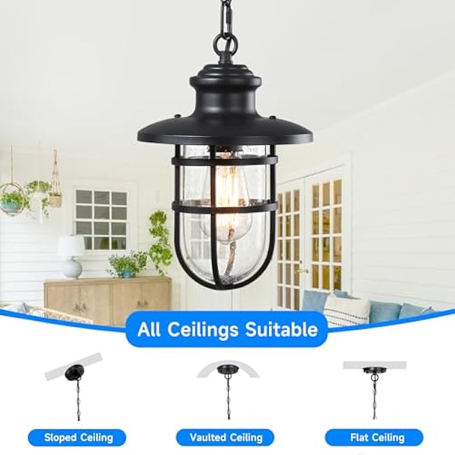 Outdoor Pendant Lights for Porch, Black Exterior Hanging Lanterns Chandelier with Tempered Seeded Glass, Outdoor Ceiling Lights Fixtures for Front Patio Door Entrance Entryway