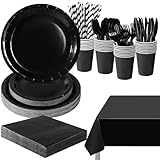 PYAILI 193 Pcs Black Party Tableware Set, Paper Plates Cups Napkins Tablecloth, Dinnerware Set for Kids Adult Birthday,Wedding,Baby Shower Party Tableware