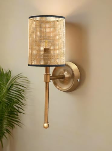 Image of AKWAY Antique Brass Finish Wall Lamps for Living Rooms with Bamboo Shade | Rattan and Cane Wall Lights for Bedroom | Wicker Wall scones - (Rattan Single Webbing Cylinder - Adya)