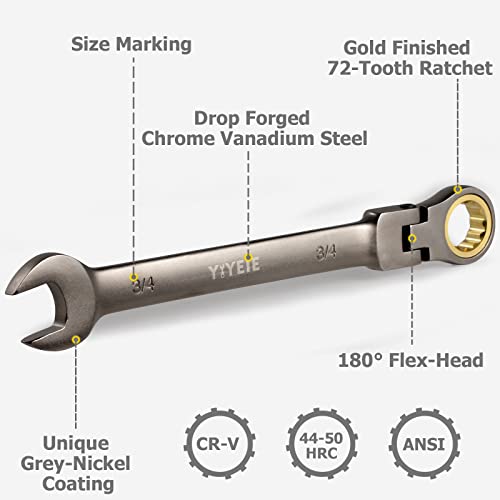Yiyeie 9Pcs Flex-Head Ratcheting Combination Wrench Set, Sae 5/16-3/4 In, Nickel Plating, 72-Tooth Ratchet Box End And Open End, Cr-V Constructed, With Carrying Pouch #TOP3