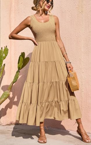 Image of PRETTYGARDEN Women's 2026 Casual Loose Plain Maxi Sundress Smocked Tank Dress Sleeveless Summer Beach Tiered Long Dresses