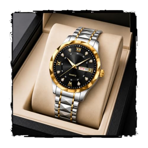 Image of GOLDENIZE FASHION Luxury Analog Roman Numeral Date Display Diamond Pattern Classics Stainless Steel Wrist Watch for Men