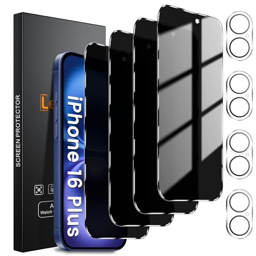 Lesakit 4+4 Pack Privacy Screen Protector for iPhone 16 Plus 6.7-Inch with 4 Pack Camera Lens Protector Anti Spy Tempered Glass Film 9H Hardness Case Friendly