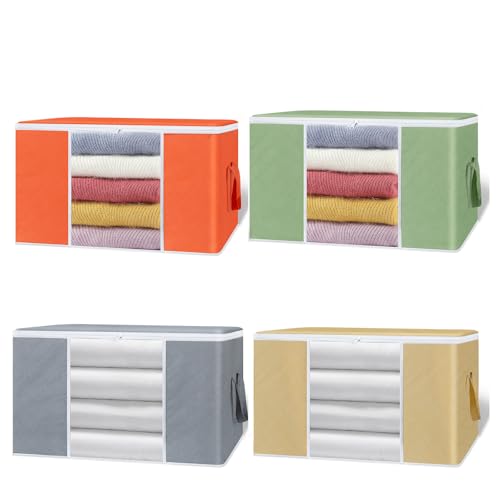 BrilliantJo 4 Stück 90L Aufbewahrungstasche, Aufbewahrungsbox mit Deckel Große, Kleider Aufbewahrung Umzugskartons, Faltbare Unterbett Kleiderschrank für Kleidung Bettdecken und Bettwäsche Regenbogen