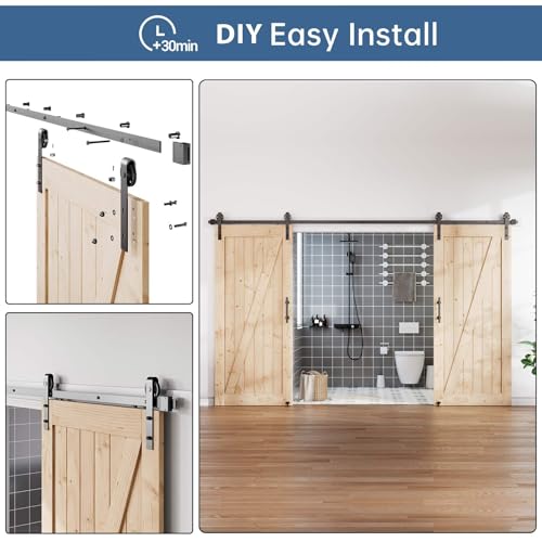Image of EaseLife 14FT Double Door Sliding Barn Door Hardware Track Kit & Handle,Big Industrial Spoke Wheel,Wall Mount,Slide Smoothly Quietly,Easy Install,Black,168 inch Track Fit for 80-82 inch Wide Opening (No Door)