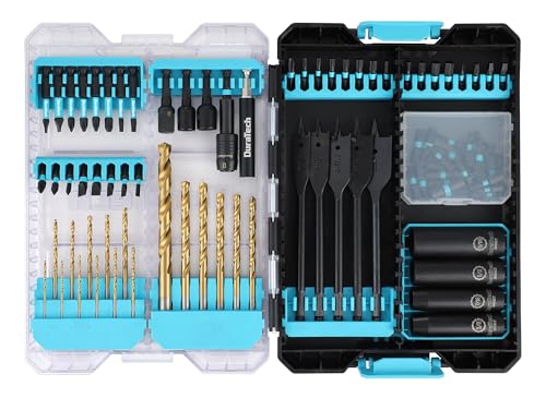 DuraTech 87 PCS Impact Screwdriver Bit and Drill Bit Set, Socket Set, Hex Shank Adapters Extension Bar Tools with Quick Fit Tough Case for Metal, Wood, Plastic, High Speed Steel Titanium Drill