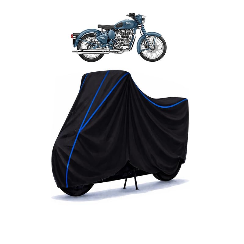 Image of Classic Squadron Bike Cover Water Resistant Universal Motorcycle Rain | Heavy Duty UV Protection, Dust, Scratch Indoor Outdoor All Weather with Black Blue Piping Elastic