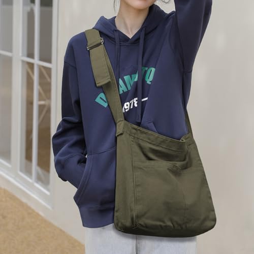 Bolso tote de lona para mujer, grande, verde miniatura 7