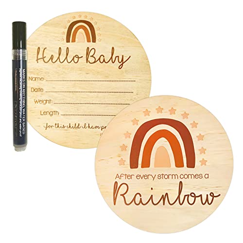 Image of Nana's Little Angels Large Rainbow Double-Sided Baby Announcement Sign 6.5 inch “Hello Baby” Newborn Baby Name Announcement Wooden Sign with Black Paint Marker Birth Announcement Sign for Hospital