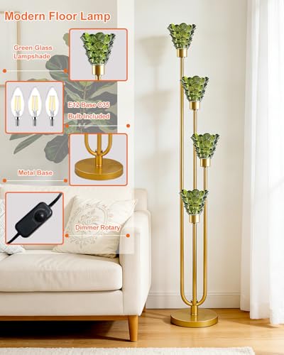 Image of Lightdot Glass Floor Lamp Dimmable 4-Lights Gold with Green Glass Shade 3000K Bulbs Included Mid Century Modern Standing Tall Lamp with 5Lbs Heavy Base for Living Room /Bedroom /Sofa Beside /Corner Decor