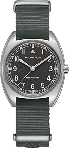 Image of Hamilton Khaki Aviation Pilot Mechanical Men's Watch, 36mm x 33mm Stainless Steel Case, Swiss Made, Black Dial Analog Wrist Watch for Men, 100m Waterproof, Mineral Crystal, Textile Strap