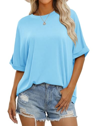 Cicy Bell T-shirt surdimensionné à col rond pour femme, bleu ciel, XXL