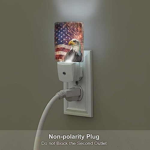 Image of American Flag Night Light Set of 2, Firework Eagle Auto Sensor LED Dusk-to-Dawn Nightlights, Plug-in Sensor Lamp for Bedroom Bathroom Kitchen Hallway Stairs Decorative