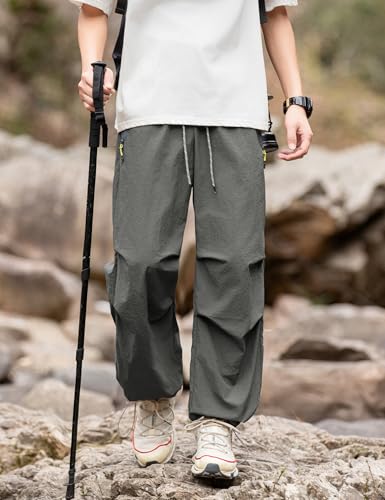 Image of Venzina Men's Parachute Cargo Trousers Lightweight Quick-Drying Hiking Pants Water Resistant Drawstring Cargo Pants for Camping, Fishing, Travel, Safari, M - XXL