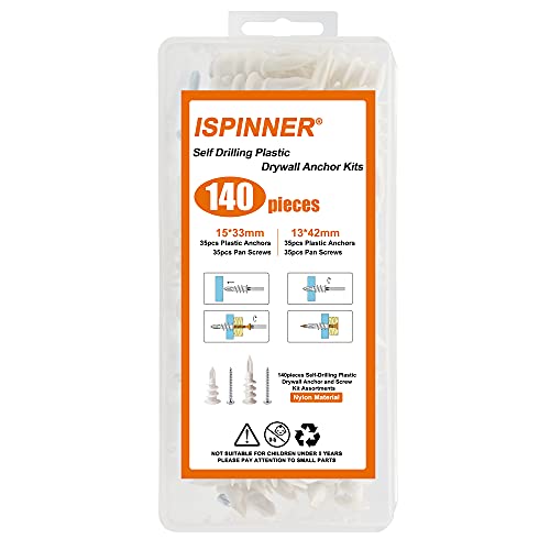 image for ISPINNER 140pcs Plastic Drywall Anchors Self Drilling Hollow Wall Anch