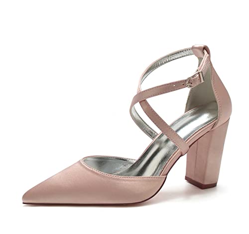 Women's Pumps Closed Toe Block High Heels Pointed Toe Chunky Crossed Strap 3.54 Inch Dress Shoes