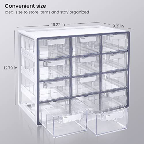 Image of Arteza 12 Drawer Organizer and Storage Cabinet - Clear Plastic, Stackable Drawers for Makeup, Crafts, Sewing, Office Supplies, Small Parts & Tools