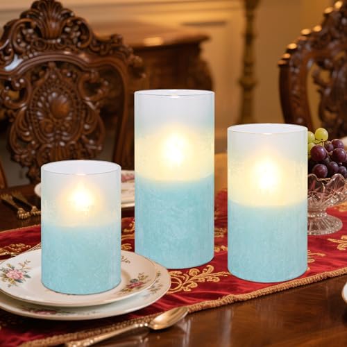 Image of MELTONE Sandblasted Lake Blue Flameless Candles with Remote & Timer, Real Wax Glass Ocean LED Candles, Home Holiday Farmhouse Christmas Summer Nautical Decor, Set of 3