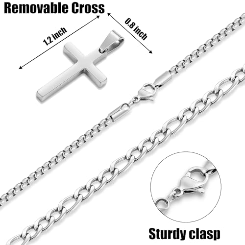 Fiusem 2 Pcs Cross Necklace Chain for Men and Women, Stainless Steel Layered Mens Cross Necklaces with Pendant, Figaro and Box Chain 16-24 Inch4