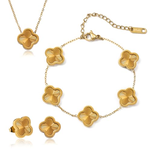 ONERVA 3 PC Set I 18K Gold Plated Four Leaf Clover Necklace I Clover Bracelet I Clover Earrings I Dainty Clover Necklaces For Women I Valentines Gift I Anniversary I Wedding I Occasion