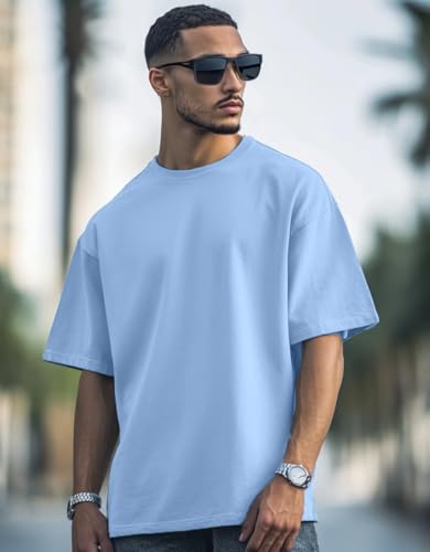 Image of Veirdo Oversized Baggy Fit Drop Shoulder Half Sleeves Round Neck Solid Pure 100% Cotton T-Shirt for Men (Available in White, Black, Mustard, Maroon, Green, Lilac, Navy, Red Color)
