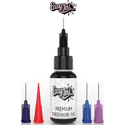 Easy.ink- Temporary Tattoo Ink Set, Natural & Long Lasting Freehand Ink (Organic Jagua Fruit Gel/Ink).Premium Ink+5X Different Width Ink Tips. Black/Dark Blue Color. No Chemicals, No Alcohol. 1oz Cover