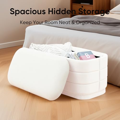 Image of 30 inch Velvet Storage Ottoman Bench with Wooden Tray Lid, Folding Large Upholstered Ottoman Footstool for Living Room, Rectangular Padded Foot Rest for Bedroom Living Room Dorm, White