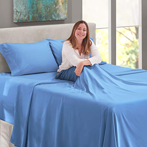 Image of Nestl Twin XL Bed Sheet Set - Calm Blue - 3-Piece Extra Deep Pocket | Instantly Soft, Night-One Ready (No Wash Required). Fits Extra Deep Pockets up to 24 Inches, 360-Degree Elastic Grip