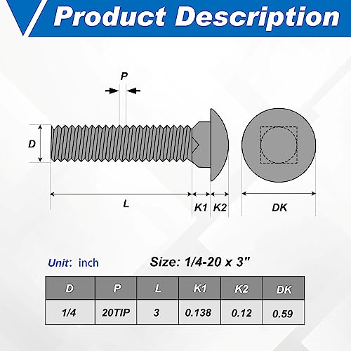 Image of Zonon 50 Sets 1 /4-20 x 3 Stainless Steel Carriage Bolts and Nuts Kit Round Head Square Neck Carriage Bolts Screws and Hex Nuts and Flat Washers, Stainless 18-8 Full Thread Coverage (Silver)