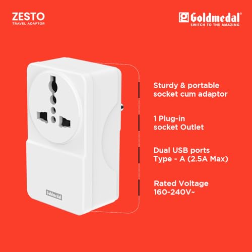 Image of Goldmedal Zesto Travel Adapter with International Socket &Dual USB- A | 3-Pin Socket | Multiplug Adapter For Travel, Home & Office