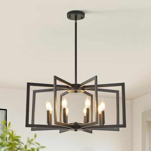 Klgxnrd 8-Light Modern Farmhouse Black Geometric Chandelier, Adjustable Height Dining Room Light...