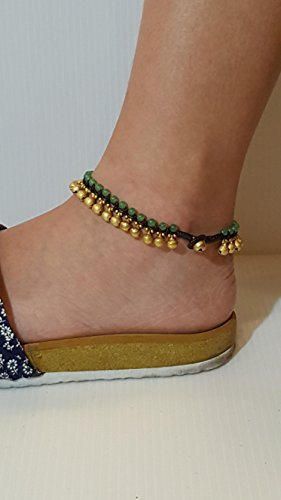 Infinityee888 Trendy Fashion Anklet Green Jade and Brass Bell Ankle Bracelet 10 Inches Woven with Wax Cord Beautiful Handmade Hippie Bohemian Style3