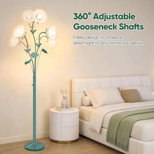 Image of TOBUSA Vintage Flower Floor Lamp for Living Room, 75'' Tall Flower Standing Lamp with Gooseneck, 3-Head Green Floral Lamp with 3 LED Bulbs, Unique Aesthetic Corner Lamp for Bedroom Office Home Decor