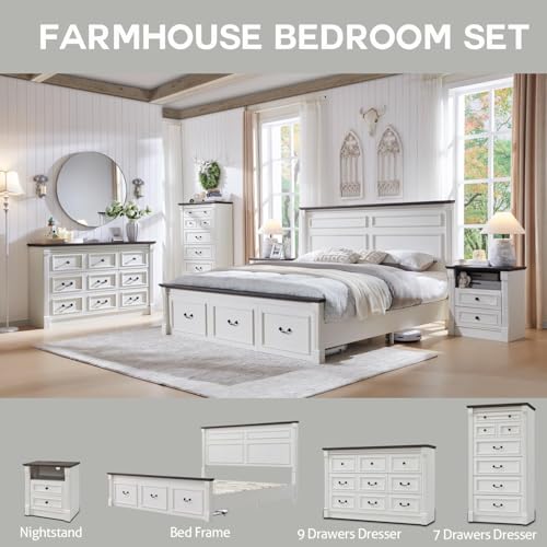 Image of Farmhouse 7 Drawers Dresser for Bedroom, 57 inch Tall Dressers & Chests of Drawers w /Roman Column, Large Storage Dressers Organizer for Bedroom, Hallway, Living Room, White