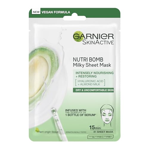Garnier Nutri Bomb Milky Sheet Mask, With Almond Milk and Hyaluronic Acid for Hydrated Glowing Skin, Intensely Nourishing & Restoring, Vegan Tissue Mask