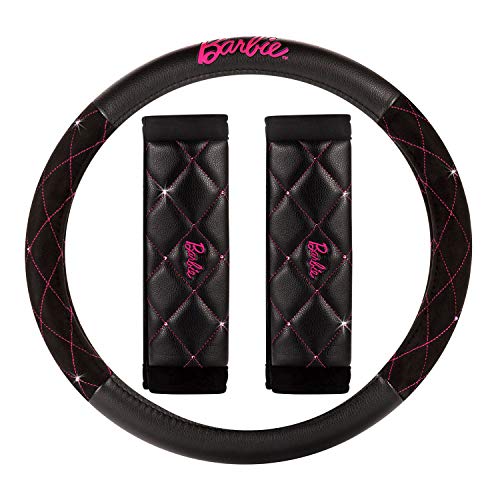 LUNNA Barbie Universal Car Steering Wheel Cover and 2 Seat Belt Shoulder Pads Kit with Pink Swarovski Diamond - Premium Universal Interior Accessories with Crystal - Fits Most Cars, Trucks and SUV