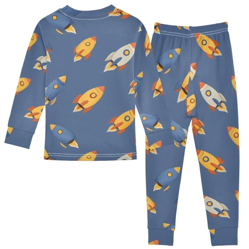 Cartoon Pajamas Set Rocket Ship Pattern Long Sleeve PJs Cotton Jammies Sleepwear Top and Pants Multicolor2