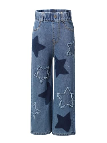 Girls Elasticated Waist Wide Leg Straight Denim Pants with Pockets 6-16 Years Kids Ripped Jeans