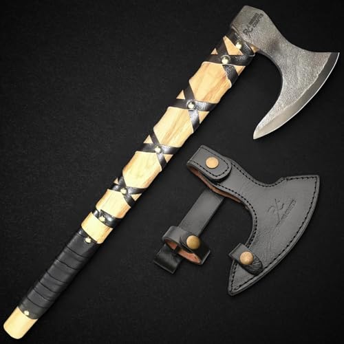 Carbon Steel Viking Axe, Hatchet with Leather Sheath, Tomahawk Outdoor Camping Hatchet Survival Axe | High Carbon Steel Blade (Ragnor Axe)