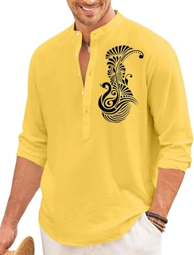 Image of FINIVO FASHION Men's Printed Cotton Blend Short Kurta with Artistic Chest Design | Stylish Full Sleeve Casual Kurta with Mandarin Collar for Daily, Travel Soft Textured