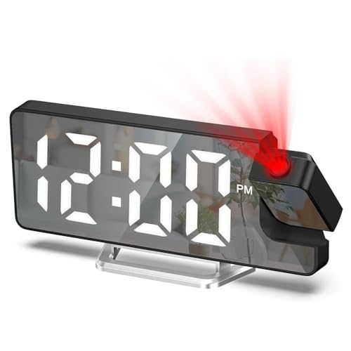 Maoskax Projection Alarm Clocks for Bedroom LED Digital Clock 180 Rotatable Projector Mirror Display Snooze Date Temperature 12/24H 3-Level Brightness for Home Office (Adapter Not Included)