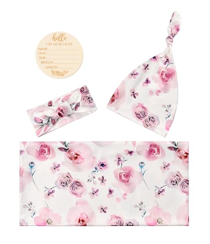 Image of Newborn Floral Print Blanket Baby Stretch Wrap Swaddle Receiving Blanket with Matching Headband and Beanie (Purple and Pink)