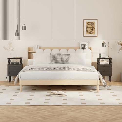 Image of Black Nightstand with Outlet,Storage Drawer and Open Wood Shelf,Wood Legs | Mid-Century Modern Bedside Table for Bedroom and Small Spaces,Easy Assembly Solid Wood Legs