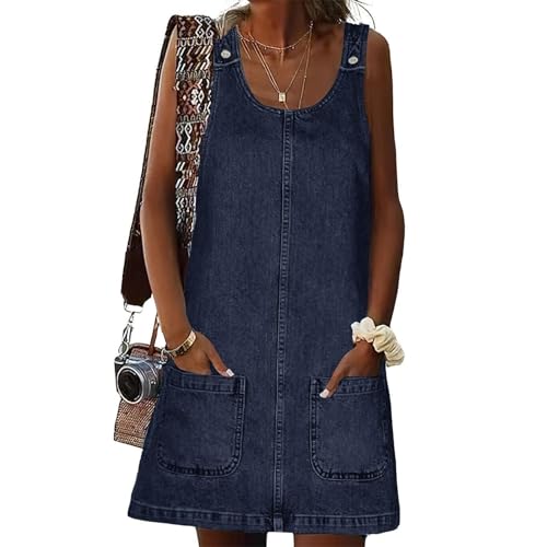 Image of Xaspee Denim Overall Dress for Women Casual Mini Sleeveless Jean Vintage Jumper Skirt Dress with Pockets